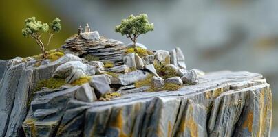 Miniature diorama depicting a rocky landscape with trees and figures photo