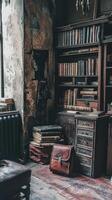 Aged study features a bookshelf and old leather bags photo