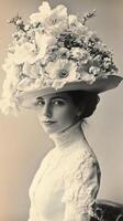 A woman wearing a hat with flowers on it photo