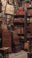 An old antique shop full of suitcases and books photo