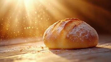 Bread on wooden table with sun shining through photo