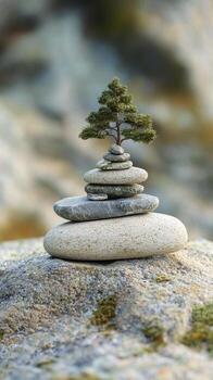 Stacked rocks with tree on top show balanced composition photo