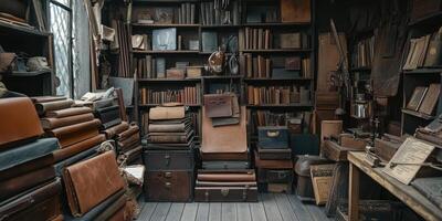 Chaotic room filled with books trunks and various objects photo