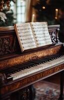 A piano with sheet music and candles in front of a christmas tree photo