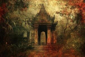Ancient temple entrance amidst lush vegetation evokes mystery and decay photo