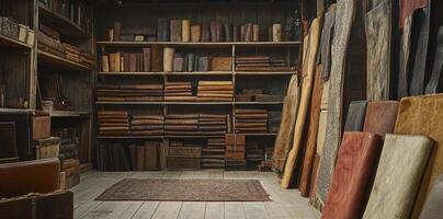 Old bookstore filled with leather bound books and materials photo