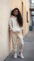 A woman in a cream hoodie and sweatpants leaning against a wall photo