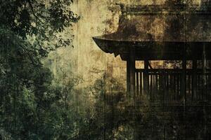 Old pagoda nestled among lush trees with distressed texture photo