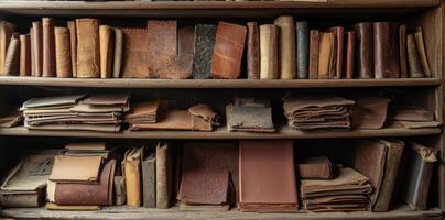 Aged books are displayed on rustic wooden bookshelves photo