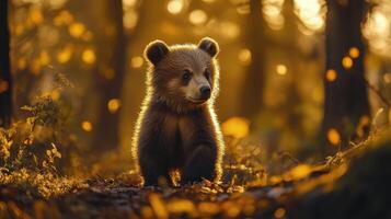 A brown bear is standing in the woods photo