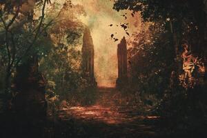 Ancient stone archway and stairs hidden deep within a forest photo