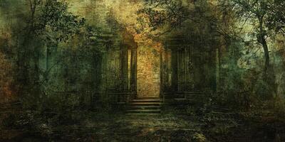 An ancient ruin stands amidst overgrown foliage under textured skies photo