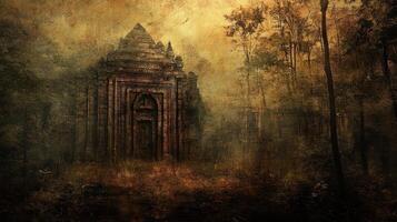 Ancient temple ruins obscured by forest vegetation in twilight photo