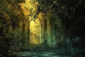 Ancient ruins with steps leading to a bright golden light photo