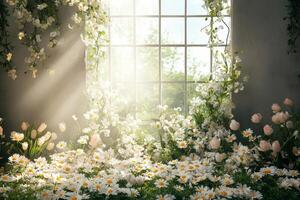 A beautiful spring scene with flowers and sunlight photo
