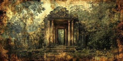 Ancient temple ruins stand surrounded by lush vegetation photo