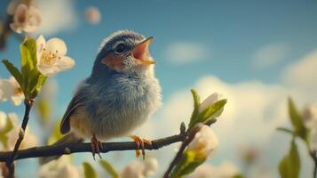 A small bird is singing on a branch photo