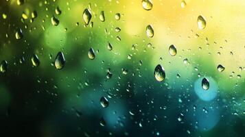 Raindrops on a window with a green background photo
