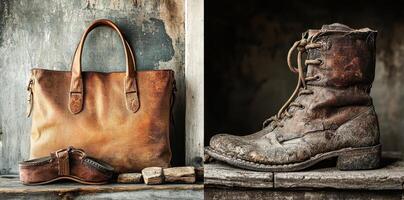 Still life shows weathered leather bag shoes and work boot photo