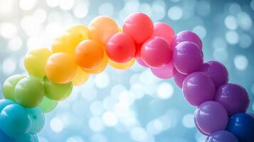 A rainbow colored balloon arch is shown in front of a blue background photo