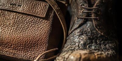Close up of a leather bag and worn leather boot photo
