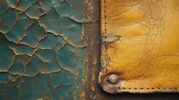 Close up shows cracked blue paint and yellow leather photo
