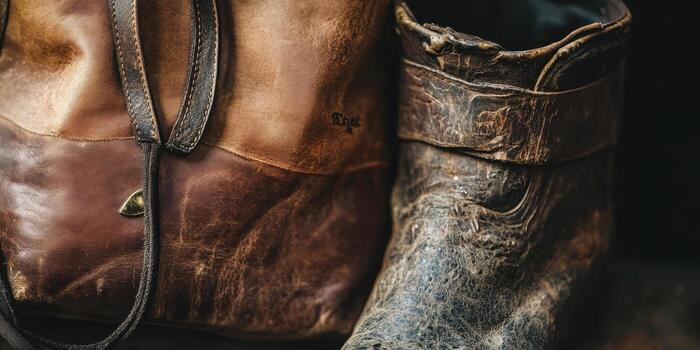 Close up of a weathered leather bag and a boot photo