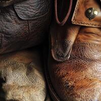 Close up of worn and aged leather boots surface photo