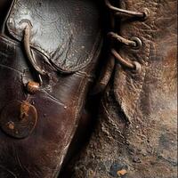 Two old leather boots show their worn details closely photo