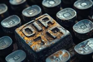 Close up shows vintage typewriter keys with heavy oxidation photo