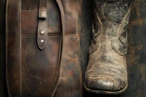 Distressed leather bag and worn boot display texture and craftsmanship photo