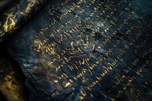 Ancient scroll with glowing gold lettering and weathered texture photo