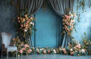A room with blue curtains and flowers photo