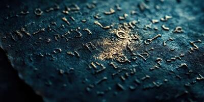 Ancient inscription on weathered stone surface with golden characters photo