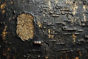 Ancient weathered wall with remnants of inscriptions and golden accents photo