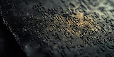 Ancient inscriptions etched onto weathered stone with dramatic lighting photo