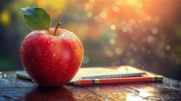 Apple with notebook and pen on wooden table with raindrops photo