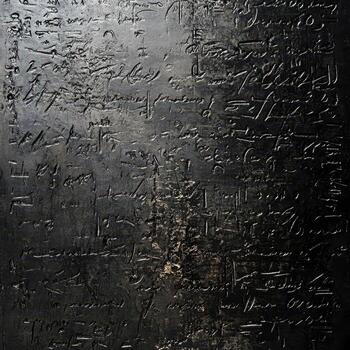 Dark textured surface covered in indecipherable writing or abstract calligraphy photo