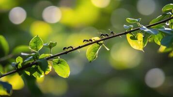 Ants on a branch with green leaves photo