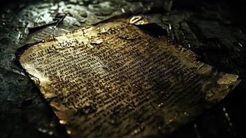 Ancient manuscript illuminated in dim lighting with decayed edges photo