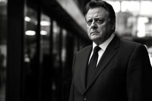 A man in a suit and tie standing in front of a building photo
