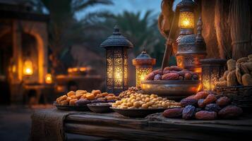 A table with dates, nuts and lanterns photo