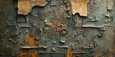 Texture of a severely weathered metal surface with peeling paint photo
