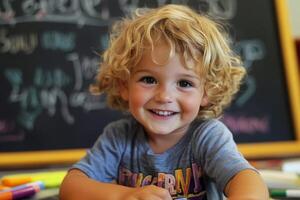A young boy smiles while sitting at a table with markers photo