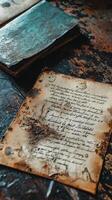 Old handwritten manuscript resting beside a weathered antique book photo