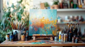 An easel with paints, brushes and a painting photo