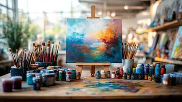 An easel with paints and brushes on it photo