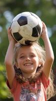 A little girl holding a soccer ball on her head photo