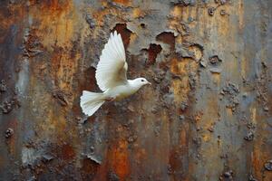 A white dove flying over a rusty wall photo