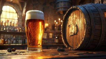 A glass of beer sits on a wooden table photo